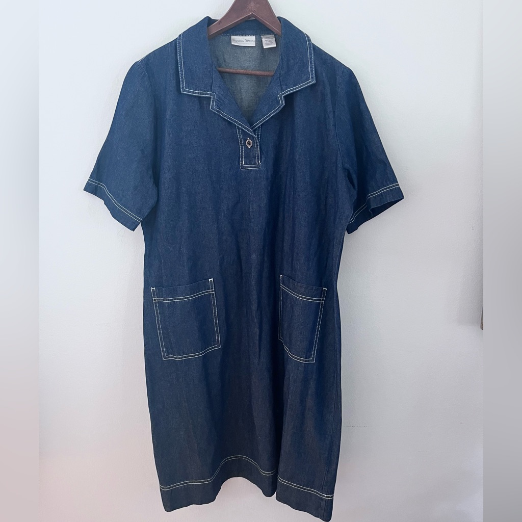 Draper’s & Damon’s Vintage Denim Short Sleeve Dress W/ Pockets V Neck Xl Petite